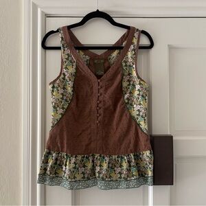 Anthropologie Fei Floral Brown Sleeveless Button Peplum Tank - Size S/P